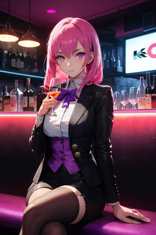 00238-984404887-Cyberpunk, 1girl, sitting in a futuristic bar, holding a glass, modified human, elegant suit, pink hair, purple eyes, looking in.png